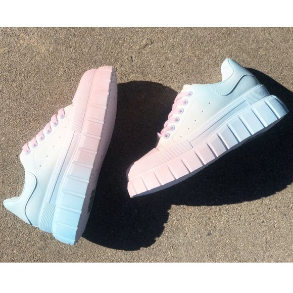 NEW Pastel Pink Blue Ombre Kawaii Cute Platform Low Top Laced Up Sneakers Shoes - Picture 4 of 12